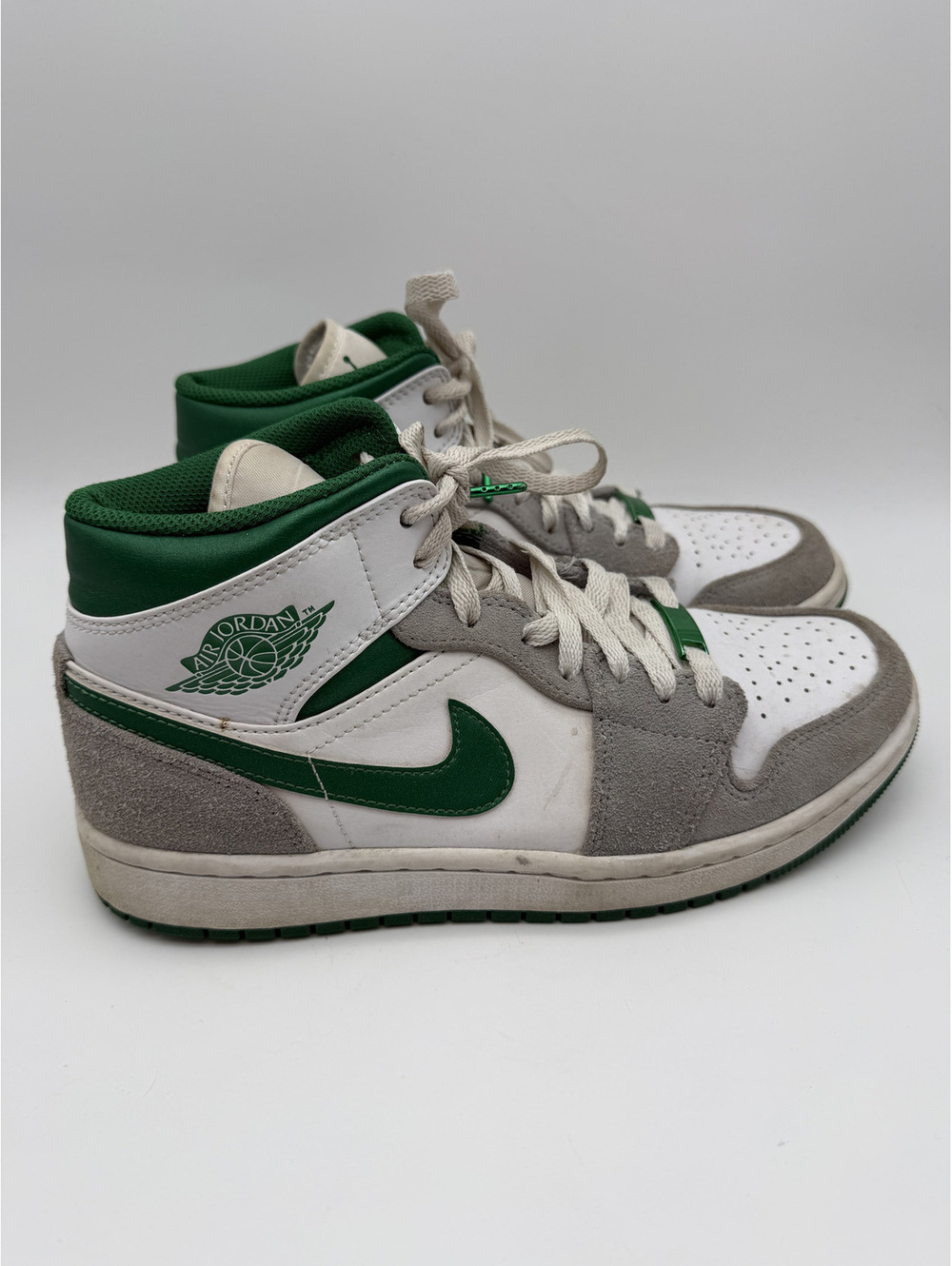 Jordan 1 Mid White Green Suede Sneakers Size 7.5